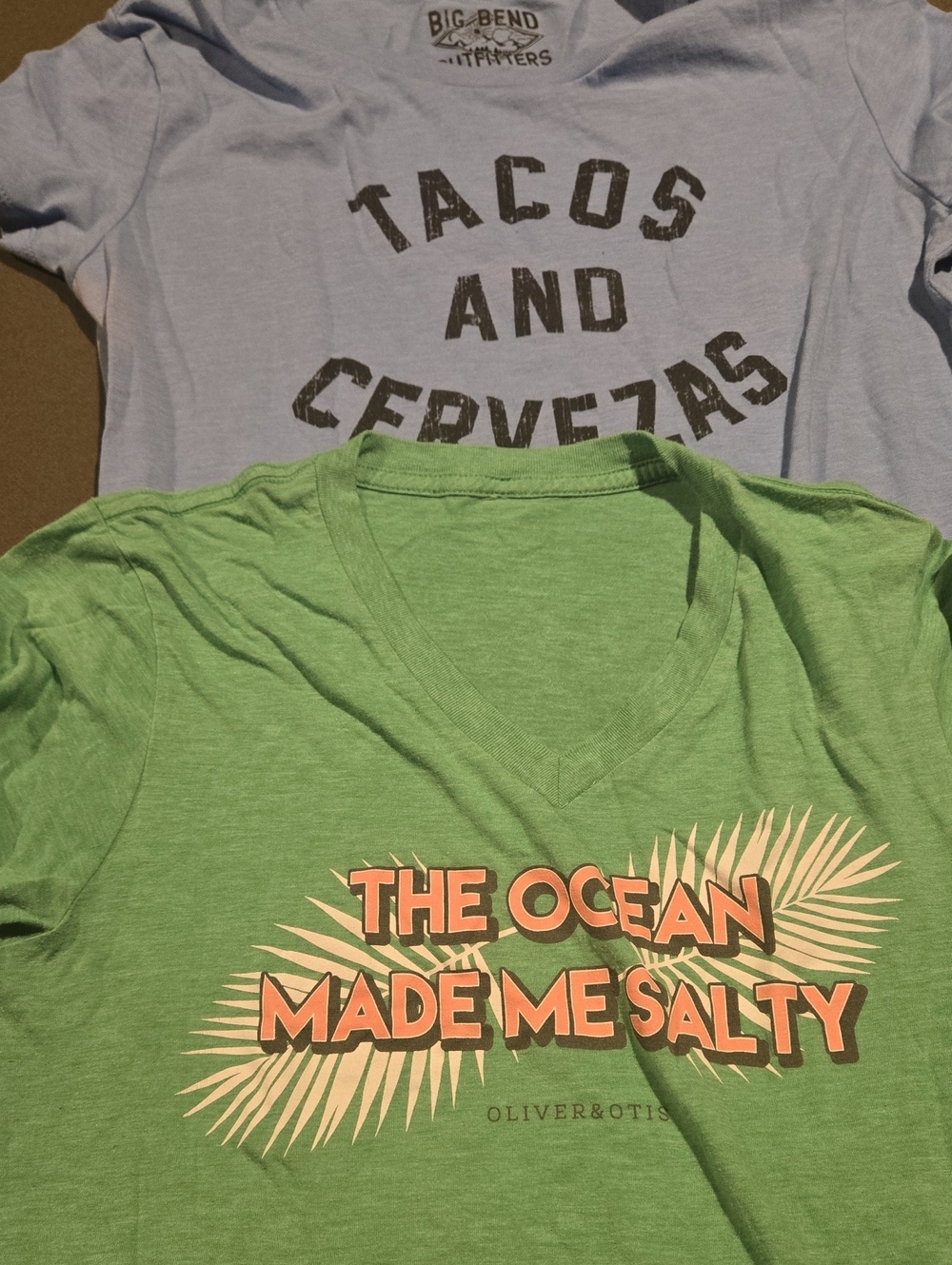 Green "The Ocean Made Me Salty" V-Neck Tee And Blue "Tacos And Cervezas"